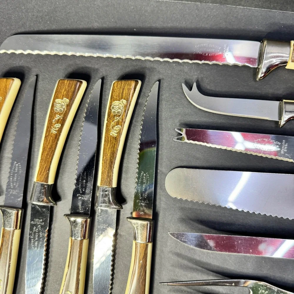 Lifetime Cutlery 15pc Knife‎ Set Regent Sheffield Gold Rose Stainless Steel VTG